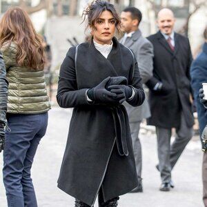 DKNY Leather Trim Wrap Coat Black & White Tweed Size Small  New